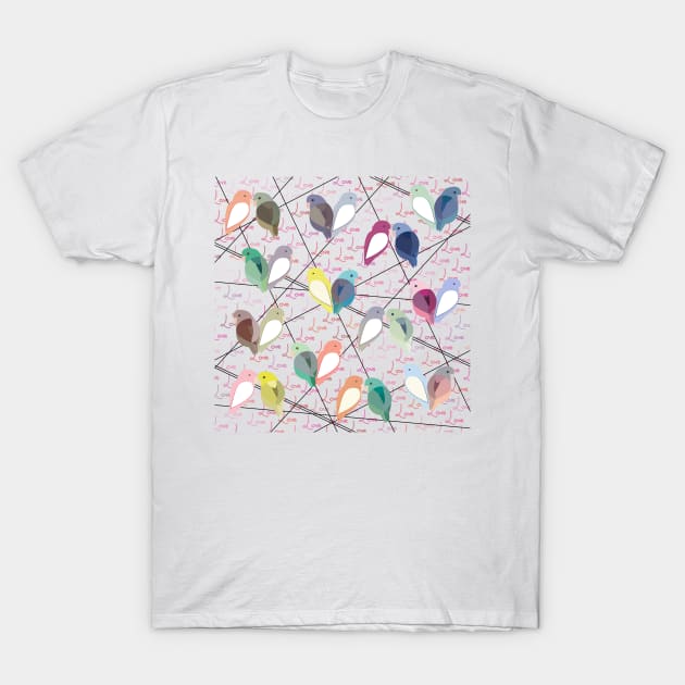 Love Birds - many - pink love - black lines T-Shirt by Tangerine Dusk